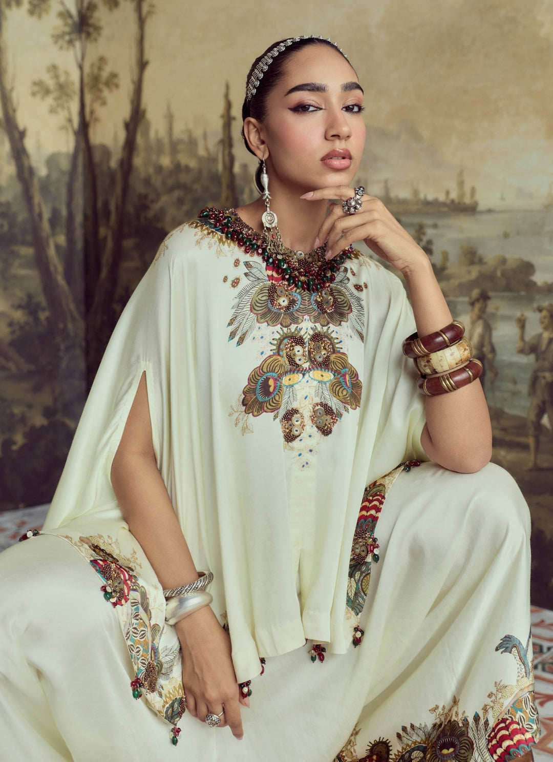 Prisho Ivory Modal Satin Kaftan Pants SetFabilicious Fashion