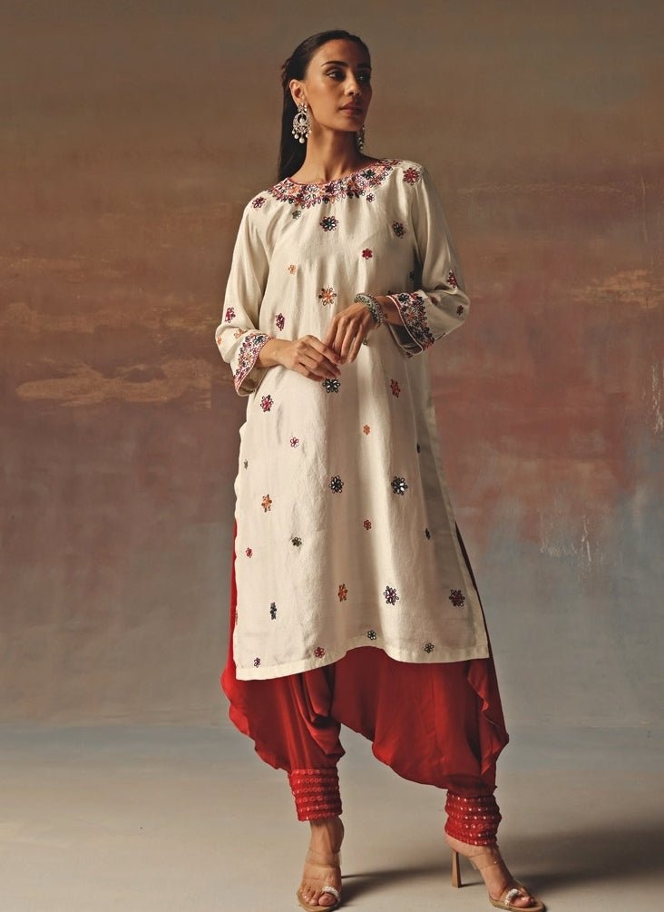Twenty Nine Ivory Monga Silk Kurta With Red DhotiFabilicious Fashion
