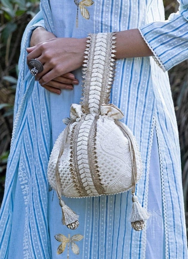 Ivory Mughal Style Embroidered Potli AMYRA - Fabilicious Fashion