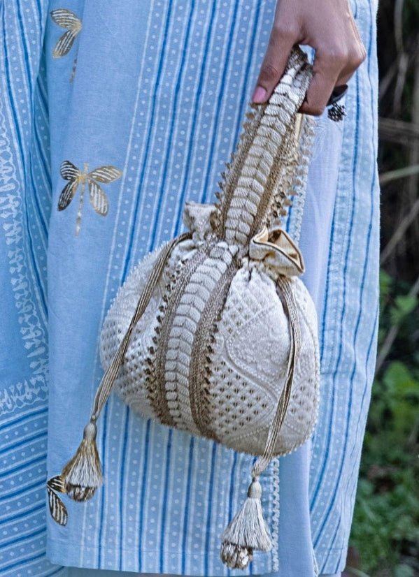 Ivory Mughal Style Embroidered Potli AMYRA - Fabilicious Fashion