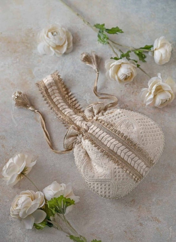 Ivory Mughal Style Embroidered Potli