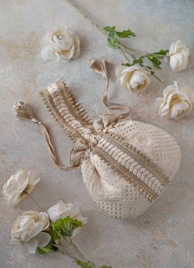 Ivory Mughal Style Embroidered Potli AMYRA - Fabilicious Fashion