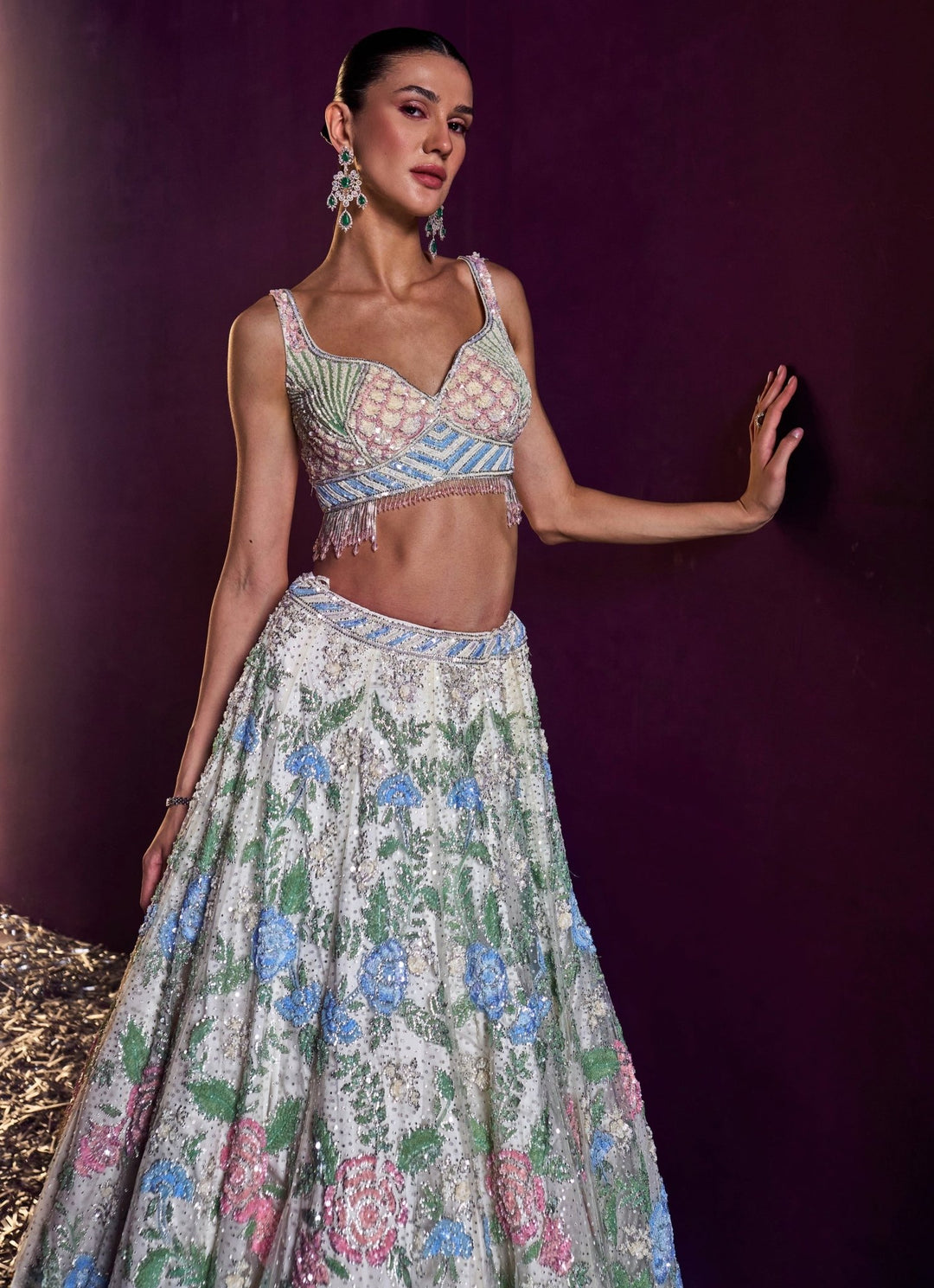 Ivory Multi Colour Sequins Embroidered Lehenga Set Angad Singh - Fabilicious Fashion