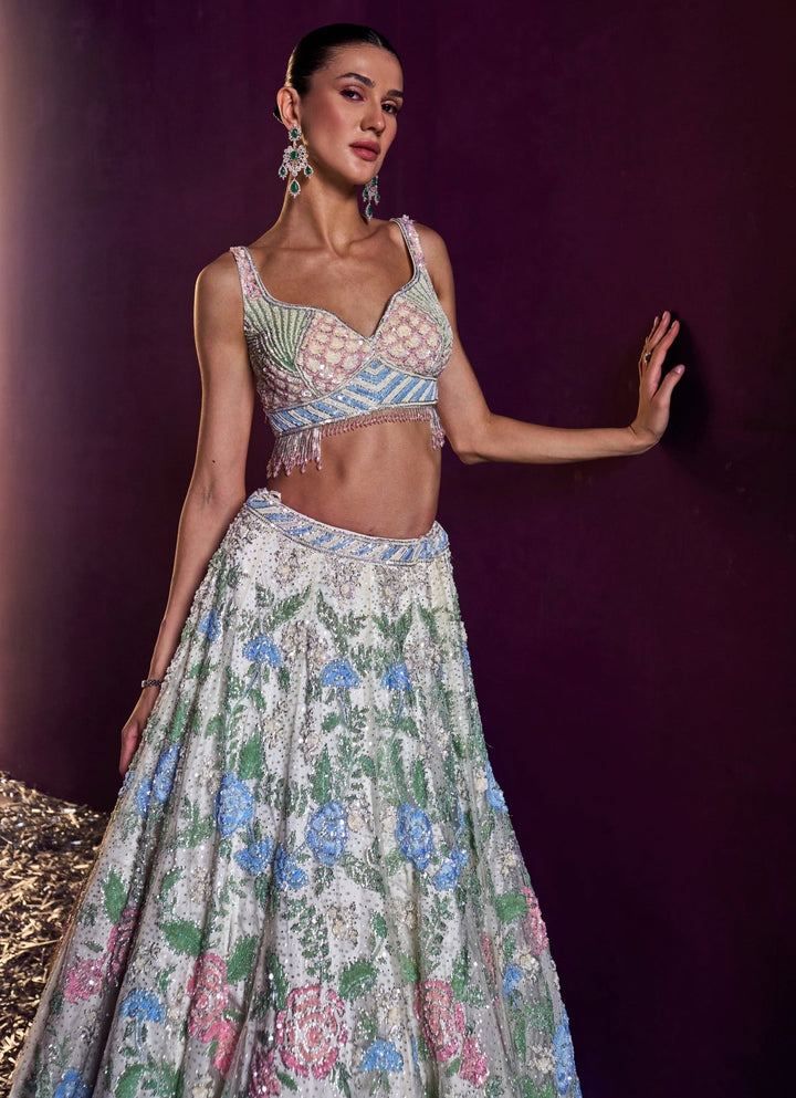 Ivory Multi Colour Sequins Embroidered Lehenga Set Angad Singh - Fabilicious Fashion
