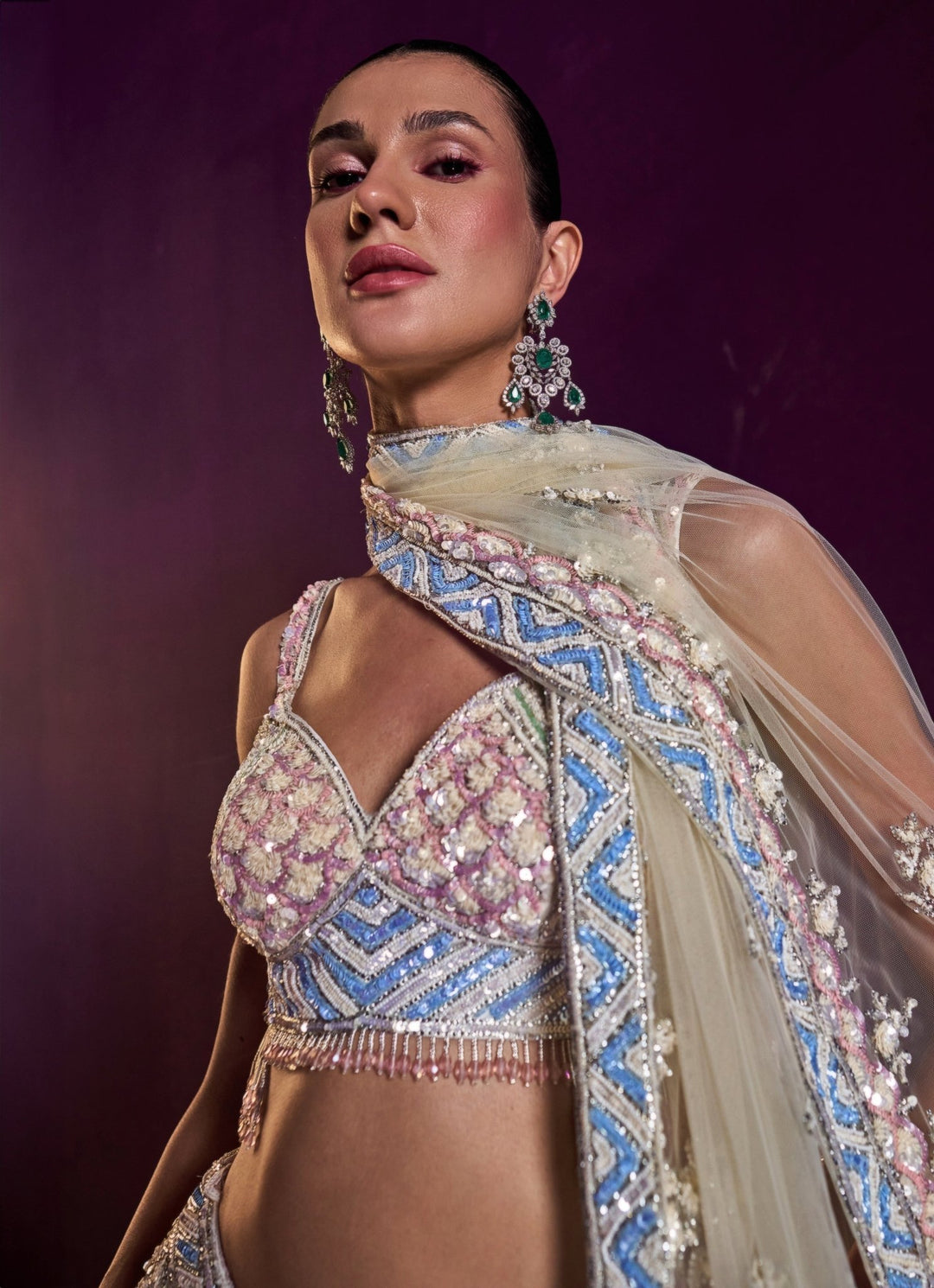 Ivory Multi Colour Sequins Embroidered Lehenga Set Angad Singh - Fabilicious Fashion