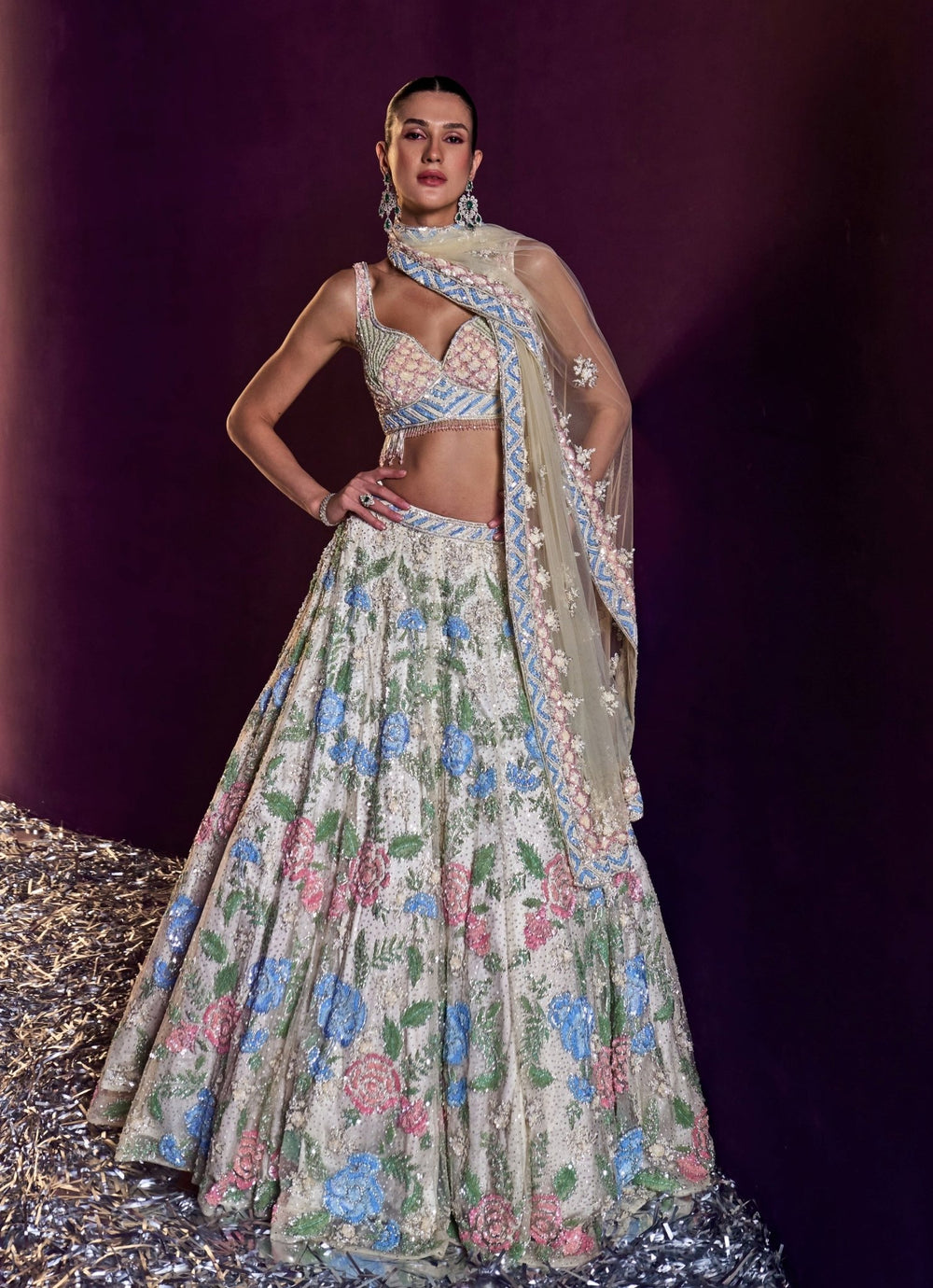 Ivory Multi Colour Sequins Embroidered Lehenga Set Angad Singh - Fabilicious Fashion