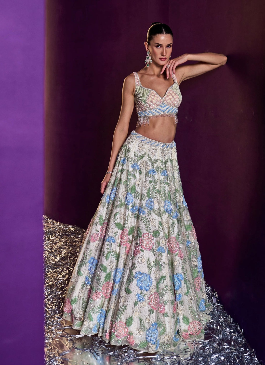 Ivory Multi Colour Sequins Embroidered Lehenga Set Angad Singh - Fabilicious Fashion