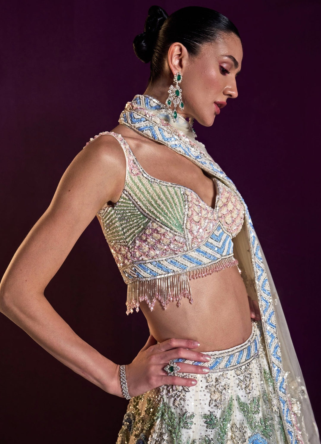Ivory Multi Colour Sequins Embroidered Lehenga Set Angad Singh - Fabilicious Fashion