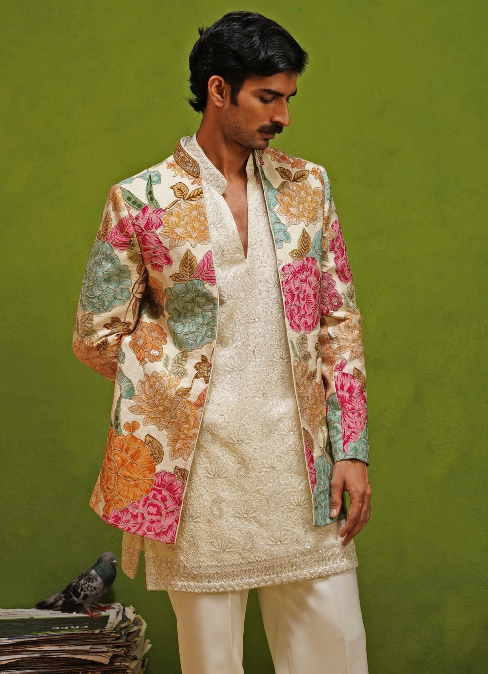 Kalpraag Ivory Multicolor Floral Tissue Silk Jodhpuri SetFabilicious Fashion