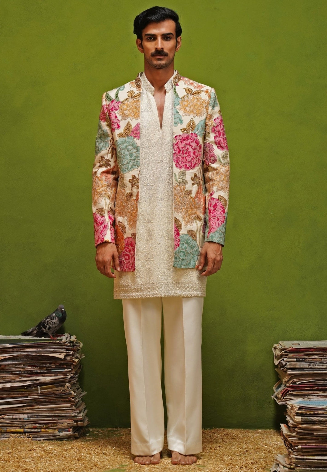 Kalpraag Ivory Multicolor Floral Tissue Silk Jodhpuri SetFabilicious Fashion