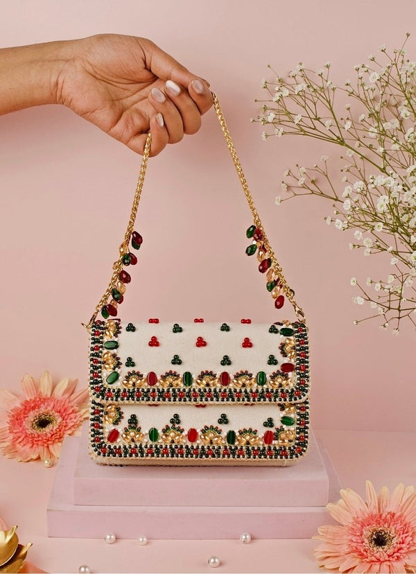 Ivory Multicolor Suede Embellished Clutch