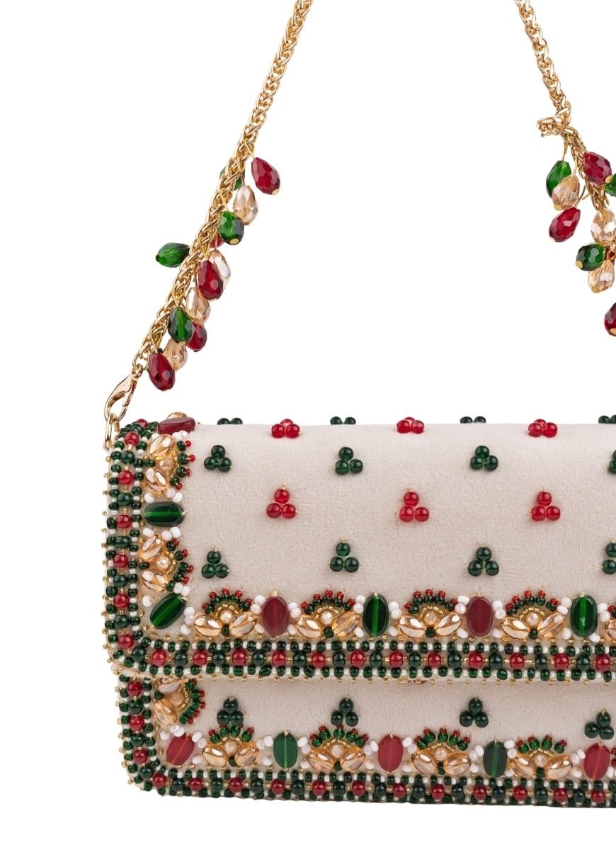 Ivory Multicolor Suede Embellished Clutch House of Kosha - Fabilicious Fashion