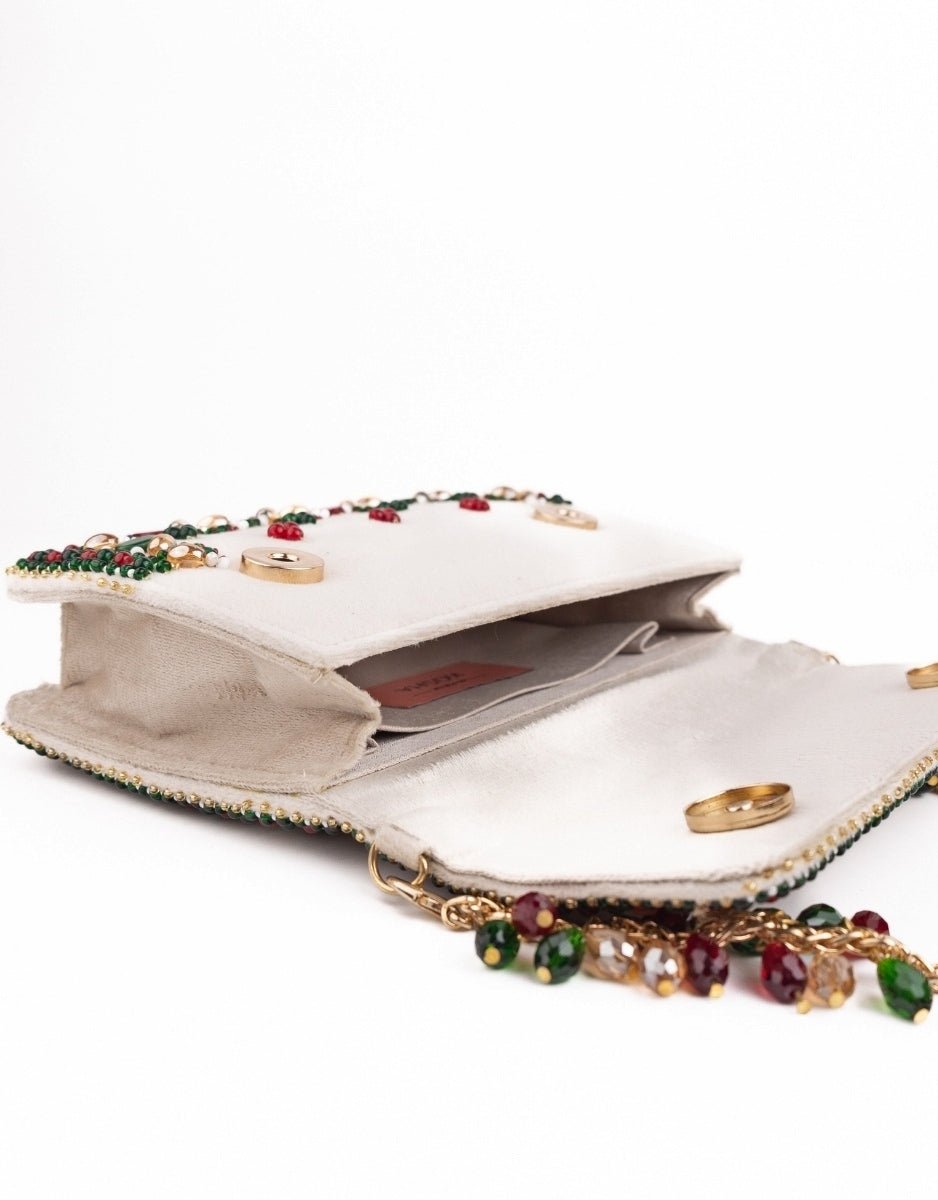 Ivory Multicolor Suede Embellished Clutch House of Kosha - Fabilicious Fashion