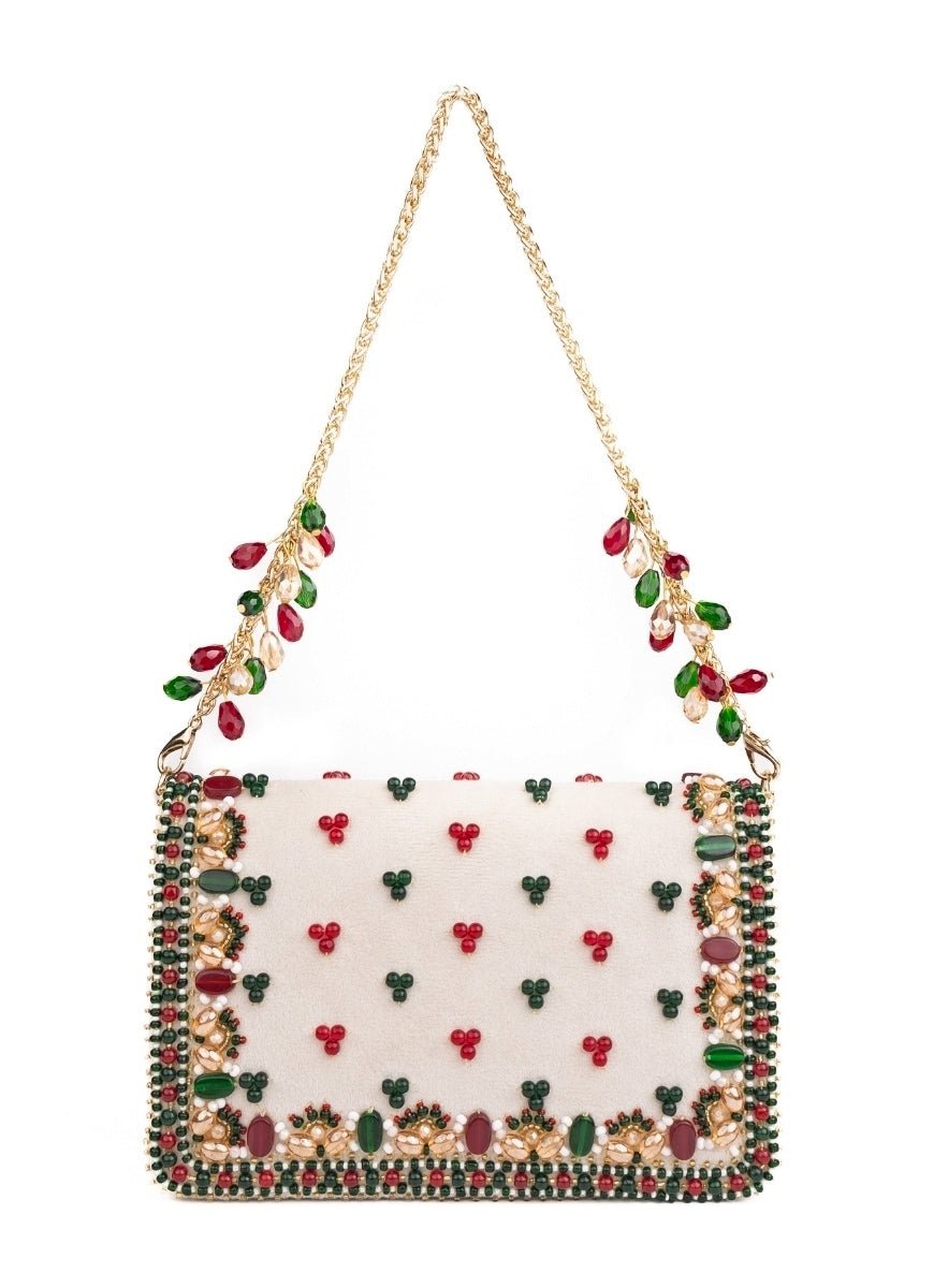 Ivory Multicolor Suede Embellished Clutch House of Kosha - Fabilicious Fashion