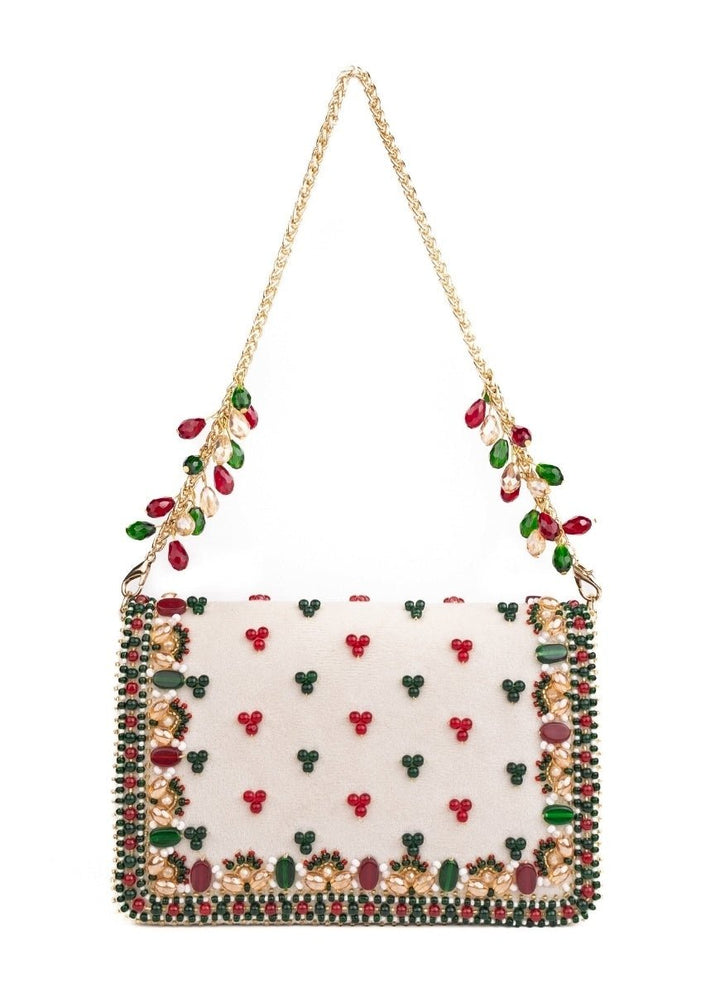 Ivory Multicolor Suede Embellished Clutch House of Kosha - Fabilicious Fashion