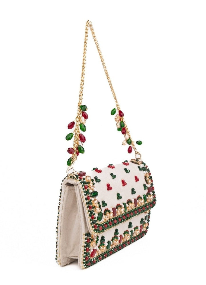 Ivory Multicolor Suede Embellished Clutch House of Kosha - Fabilicious Fashion