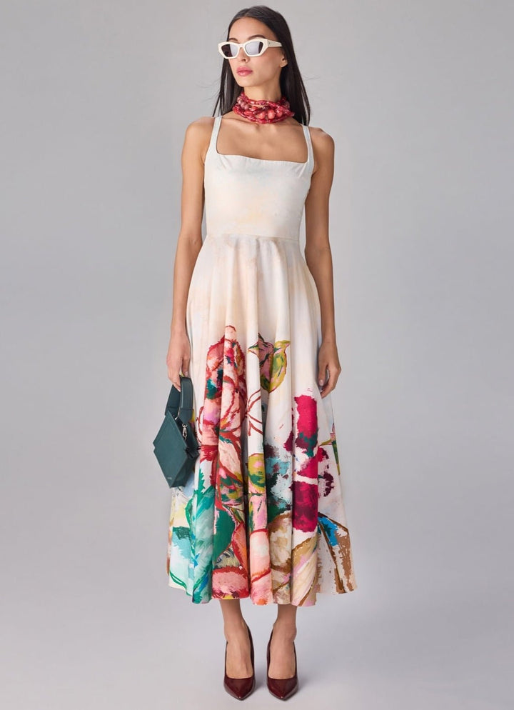 Ivory Multicolour Floral Print Midi Dress Saaksha &amp; Kinni - Fabilicious Fashion