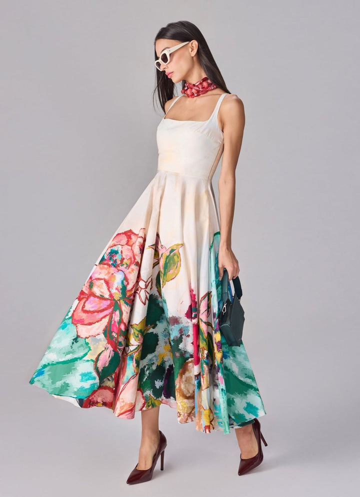 Ivory Multicolour Floral Print Midi Dress Saaksha &amp; Kinni - Fabilicious Fashion