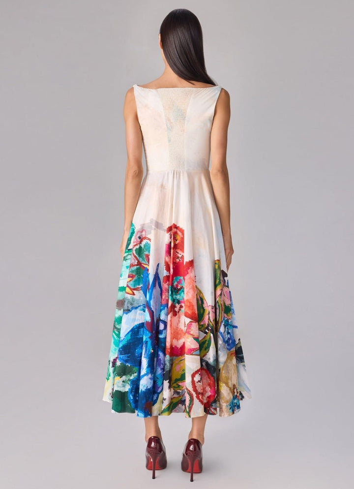 Ivory Multicolour Floral Print Midi Dress Saaksha &amp; Kinni - Fabilicious Fashion