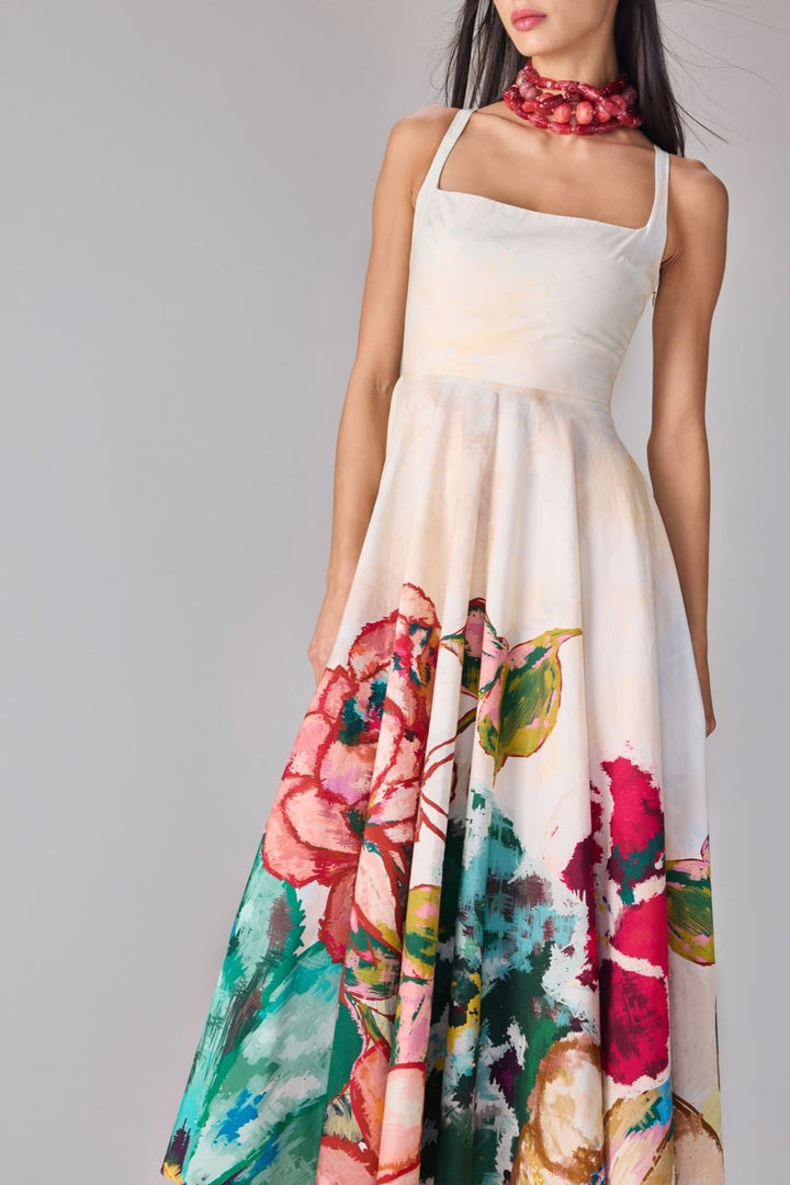 Ivory Multicolour Floral Print Midi Dress Saaksha &amp; Kinni - Fabilicious Fashion