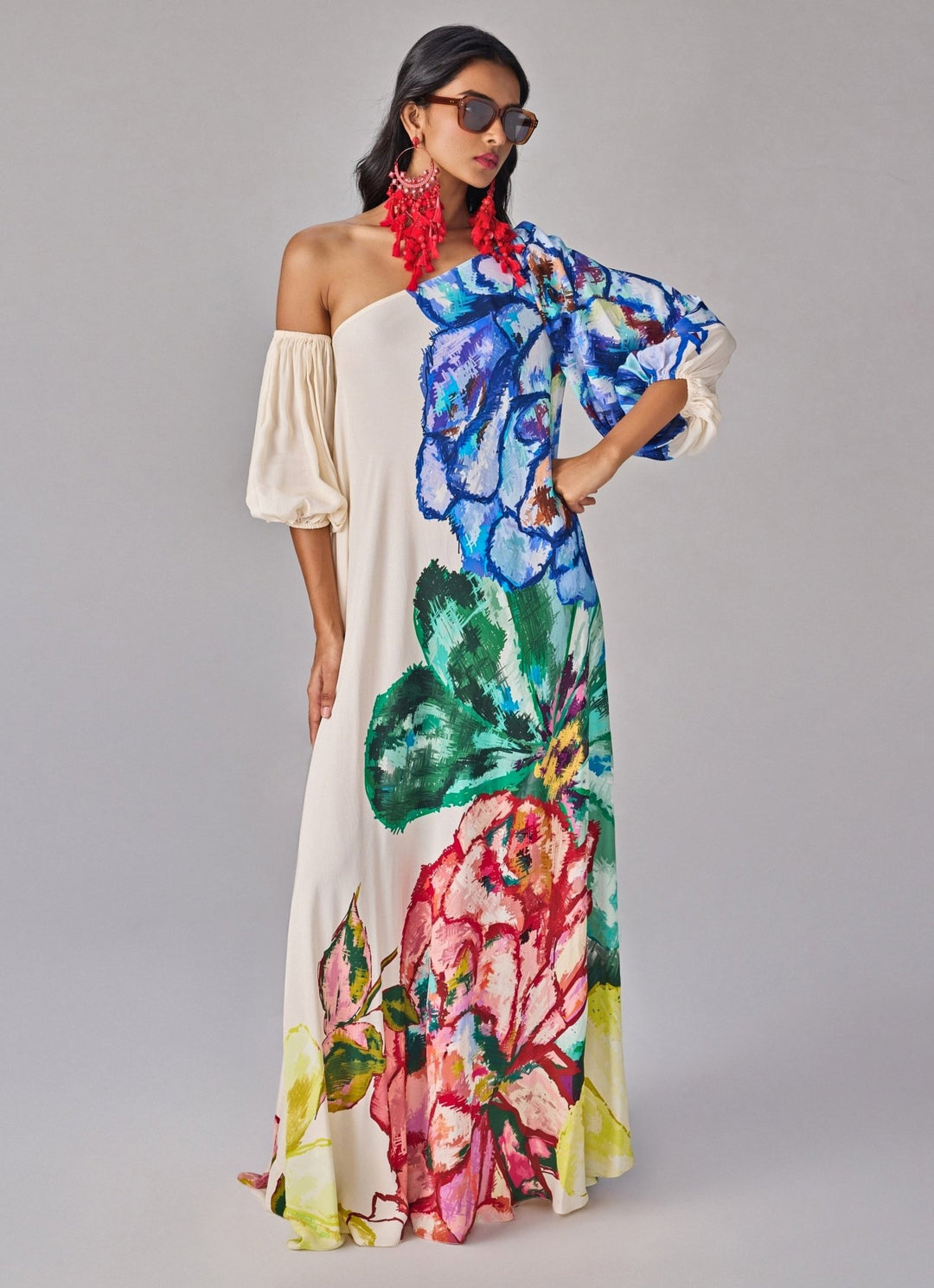Ivory Multicolour Floral Print One Shoulder Maxi Dress Saaksha &amp; Kinni - Fabilicious Fashion