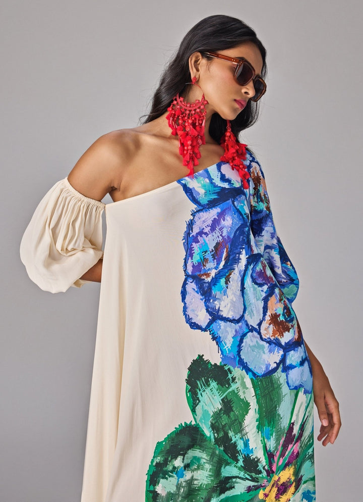 Ivory Multicolour Floral Print One Shoulder Maxi Dress Saaksha &amp; Kinni - Fabilicious Fashion