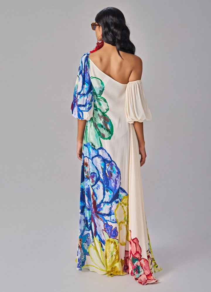 Ivory Multicolour Floral Print One Shoulder Maxi Dress Saaksha &amp; Kinni - Fabilicious Fashion