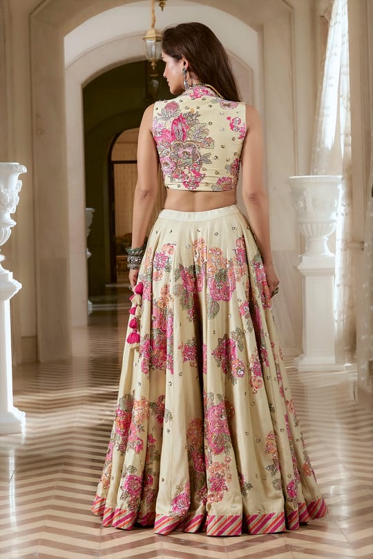 Ivory Multicolour Printed Silk Lehenga Set Paulmi and Harsh - Fabilicious Fashion