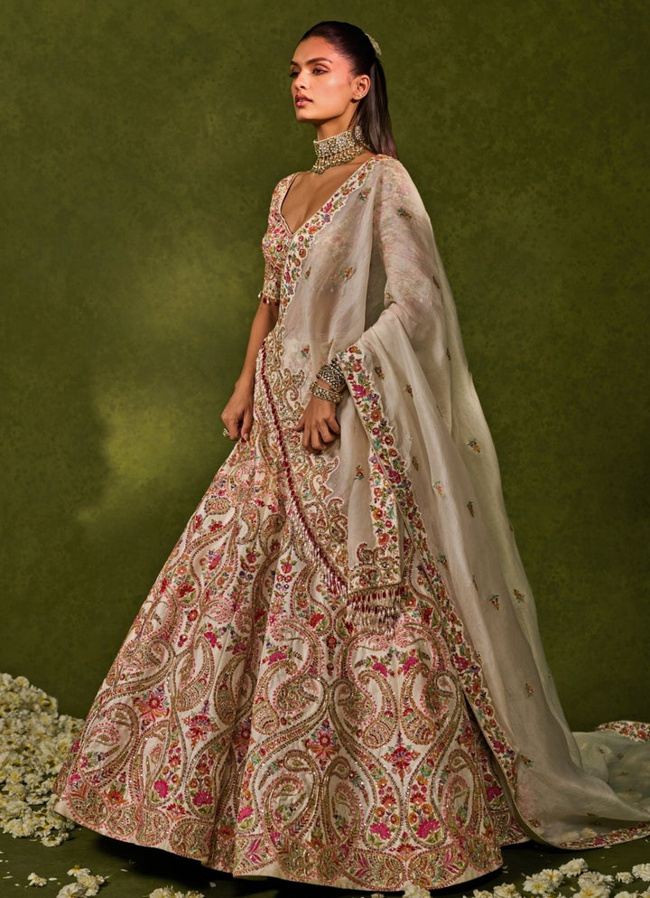 Ivory Multicolour Raw Silk Lehenga Chamee & Palak - Fabilicious Fashion