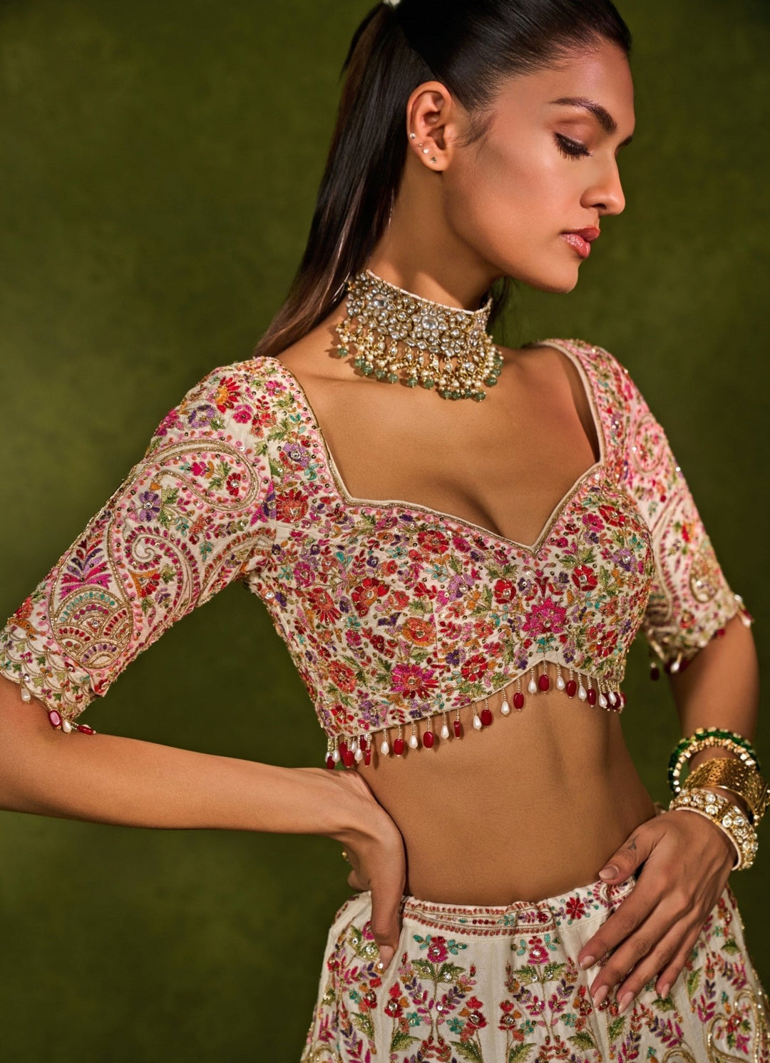 Ivory Multicolour Raw Silk Lehenga Chamee & Palak - Fabilicious Fashion