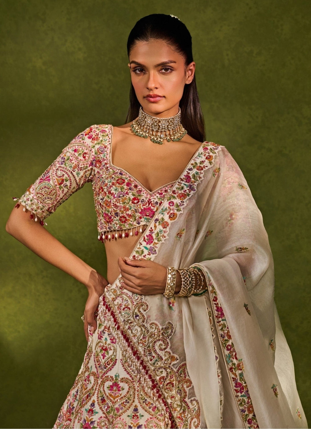 Ivory Multicolour Raw Silk Lehenga Chamee & Palak - Fabilicious Fashion