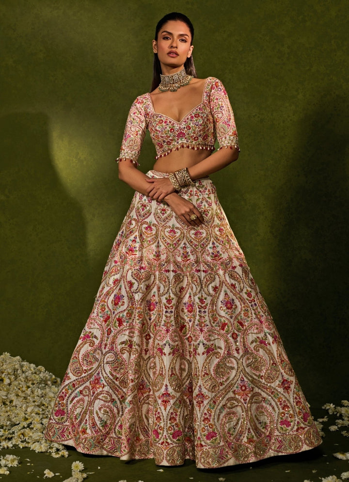 Ivory Multicolour Raw Silk Lehenga Chamee & Palak - Fabilicious Fashion