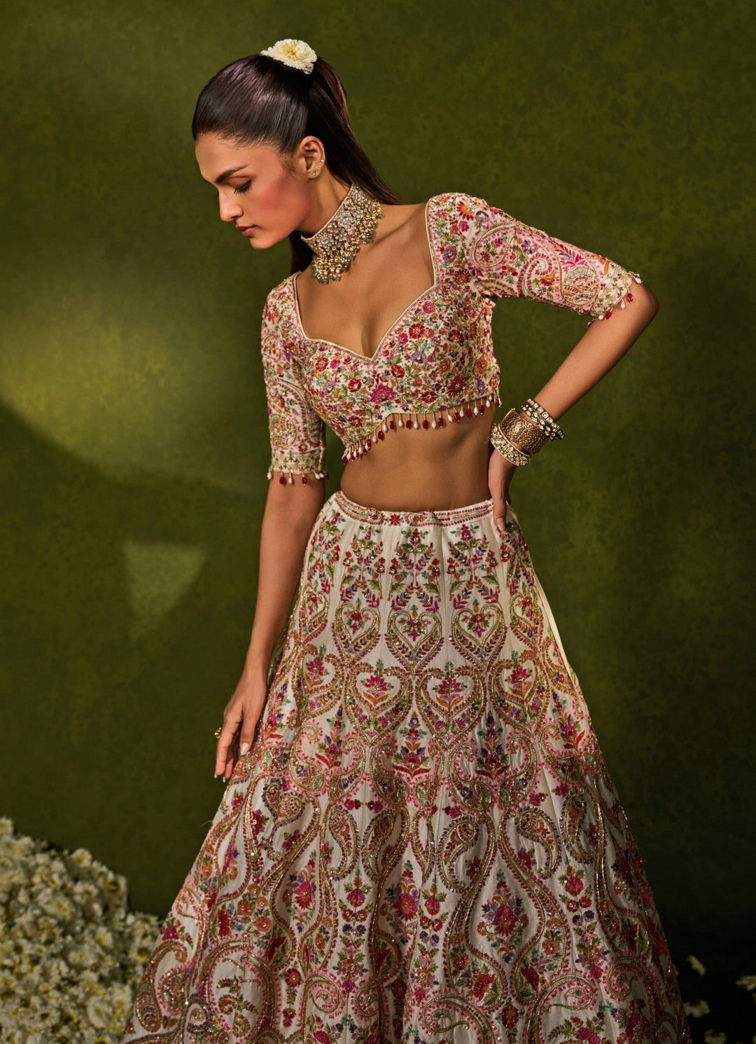 Ivory Multicolour Raw Silk Lehenga Chamee & Palak - Fabilicious Fashion