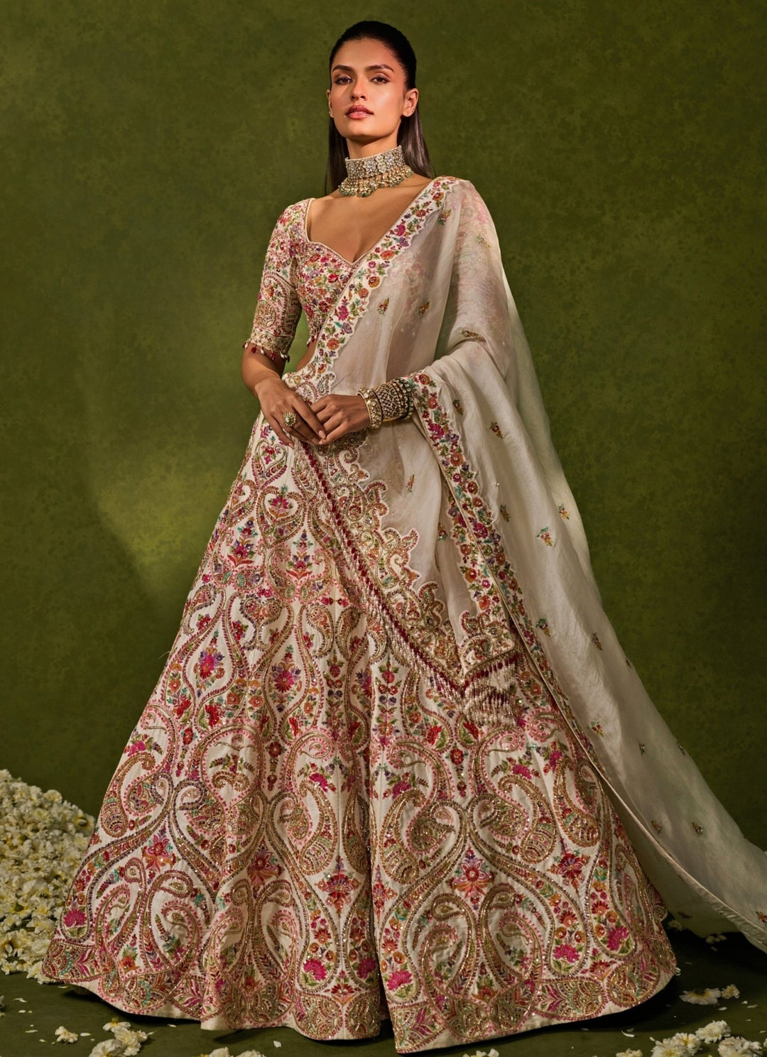 Ivory Multicolour Raw Silk Lehenga Chamee & Palak - Fabilicious Fashion