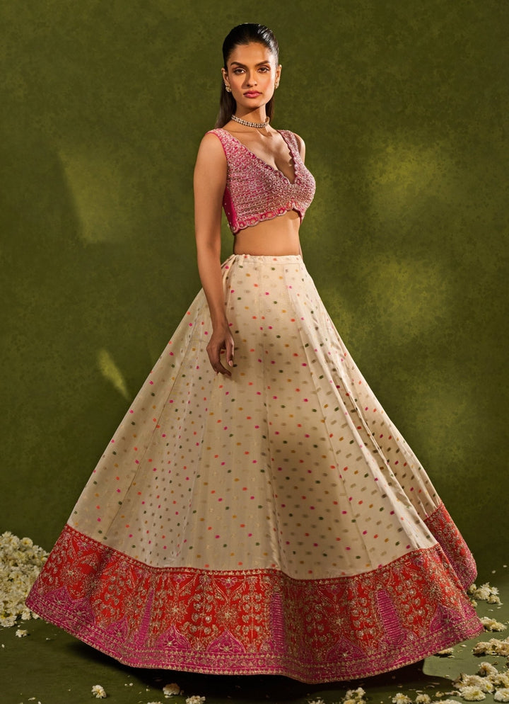 Chamee and Palak Ivory Multicolour Tissue Jamewar LehengaFabilicious Fashion