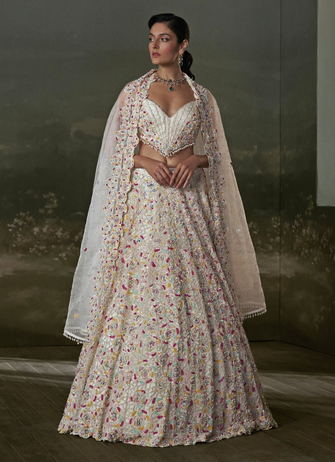 Ivory Multicoloured Organza Lehenga Set Nitika Gujral - Fabilicious Fashion