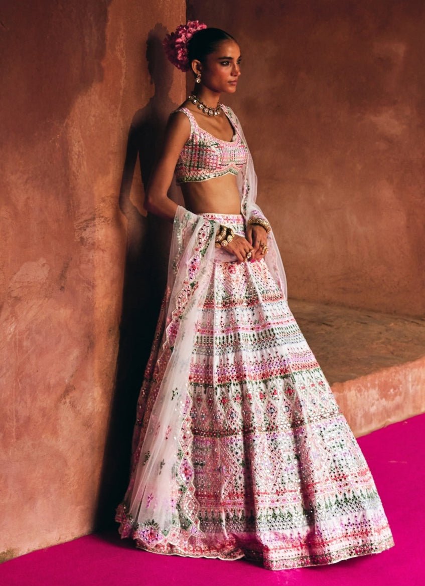 Ivory Multicoloured Raw Silk Lehenga Set Angad Singh - Fabilicious Fashion