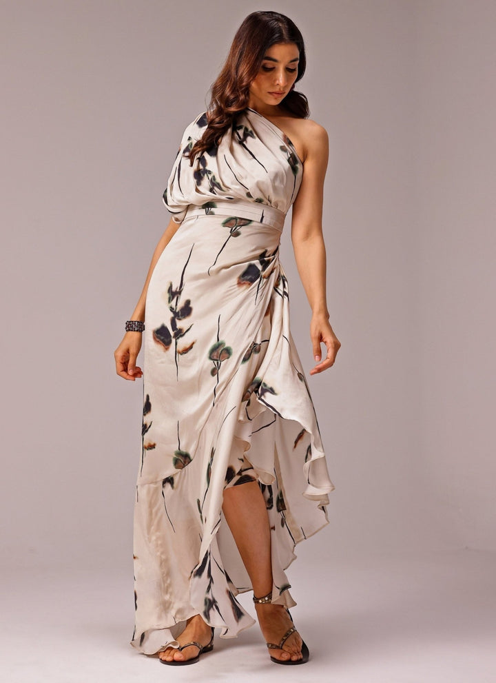 Studio Surbhi Ivory One Shoulder Georgette Satin Slit DressFabilicious Fashion
