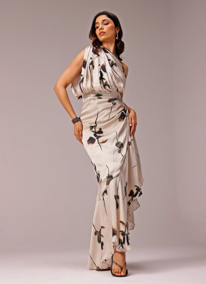 Studio Surbhi Ivory One Shoulder Georgette Satin Slit DressFabilicious Fashion