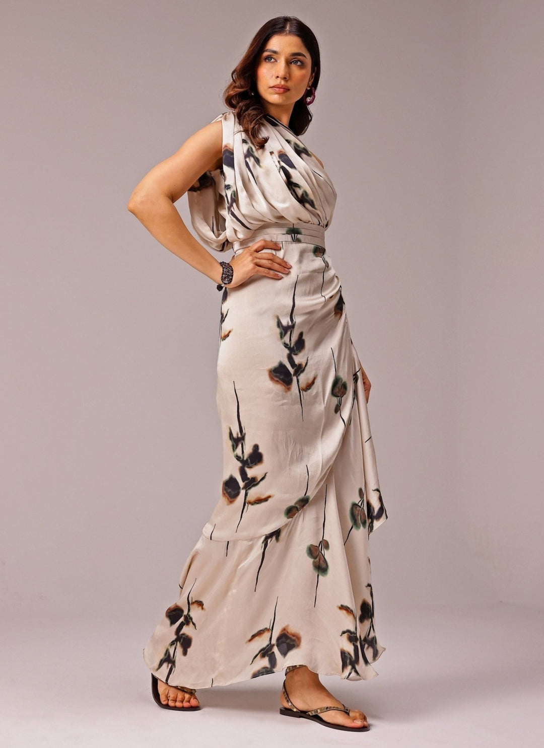 Studio Surbhi Ivory One Shoulder Georgette Satin Slit DressFabilicious Fashion