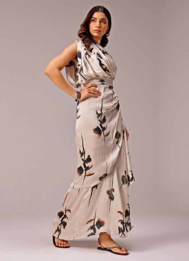 Studio Surbhi Ivory One Shoulder Georgette Satin Slit DressFabilicious Fashion