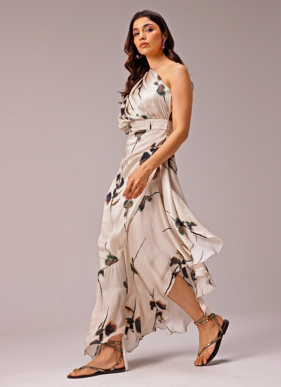 Studio Surbhi Ivory One Shoulder Georgette Satin Slit DressFabilicious Fashion