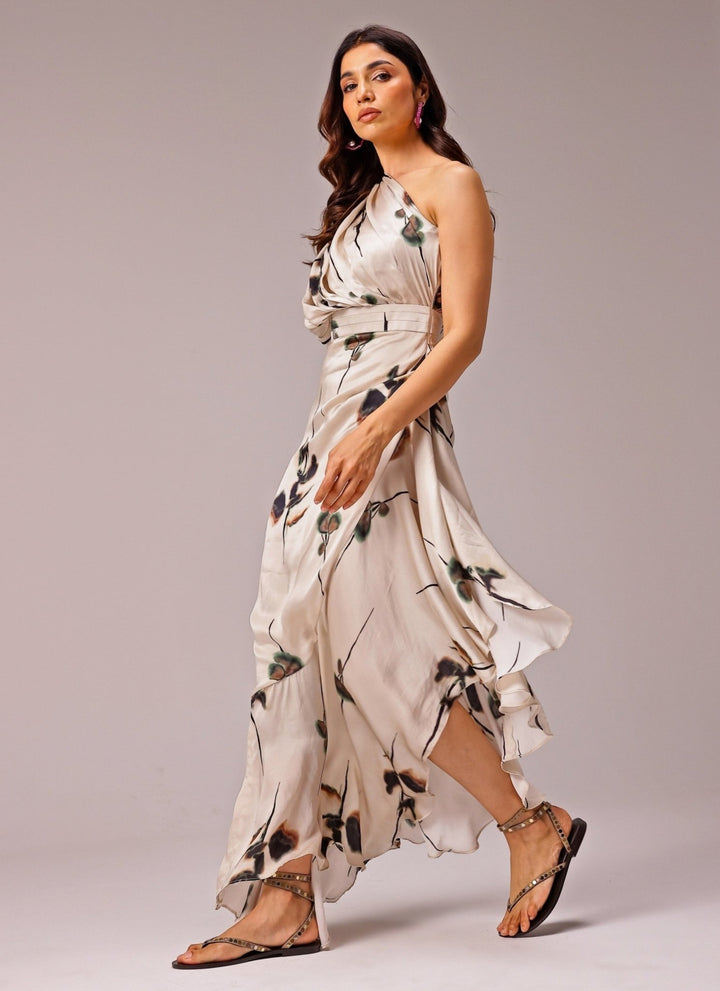Studio Surbhi Ivory One Shoulder Georgette Satin Slit DressFabilicious Fashion