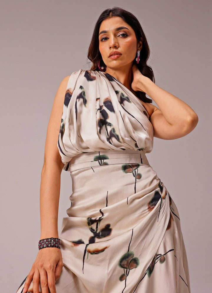 Studio Surbhi Ivory One Shoulder Georgette Satin Slit DressFabilicious Fashion