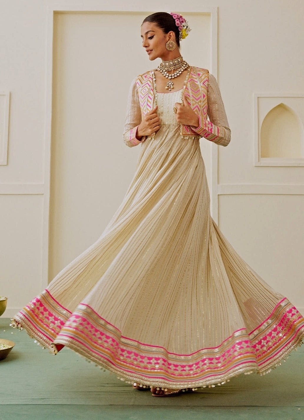 Gopi Vaid Ivory Organza Anarkali Set With JacketFabilicious Fashion
