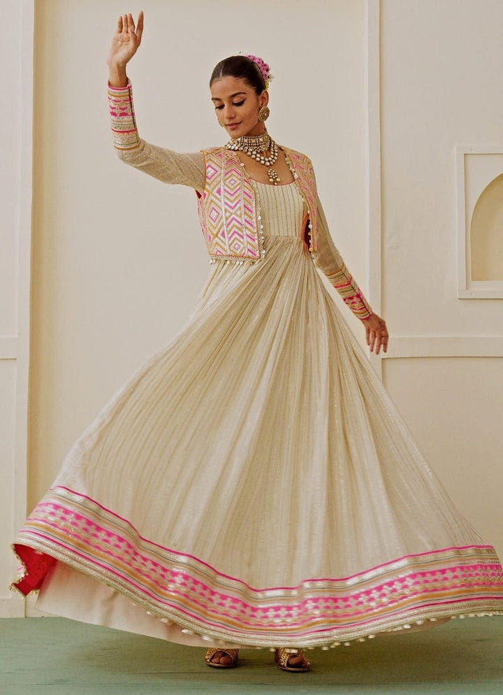 Gopi Vaid Ivory Organza Anarkali Set With JacketFabilicious Fashion