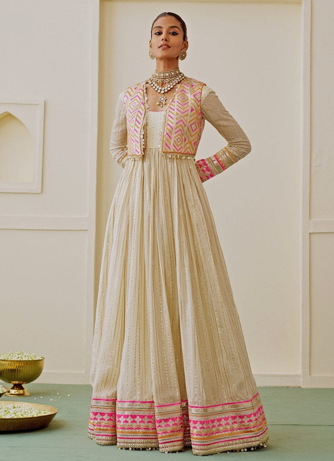 Gopi Vaid Ivory Organza Anarkali Set With JacketFabilicious Fashion