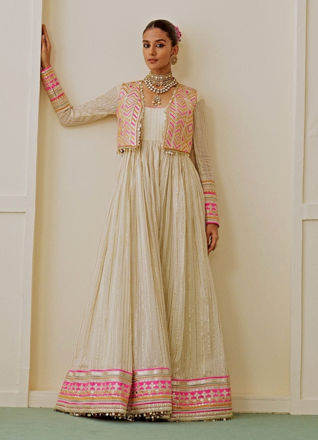 Gopi Vaid Ivory Organza Anarkali Set With JacketFabilicious Fashion
