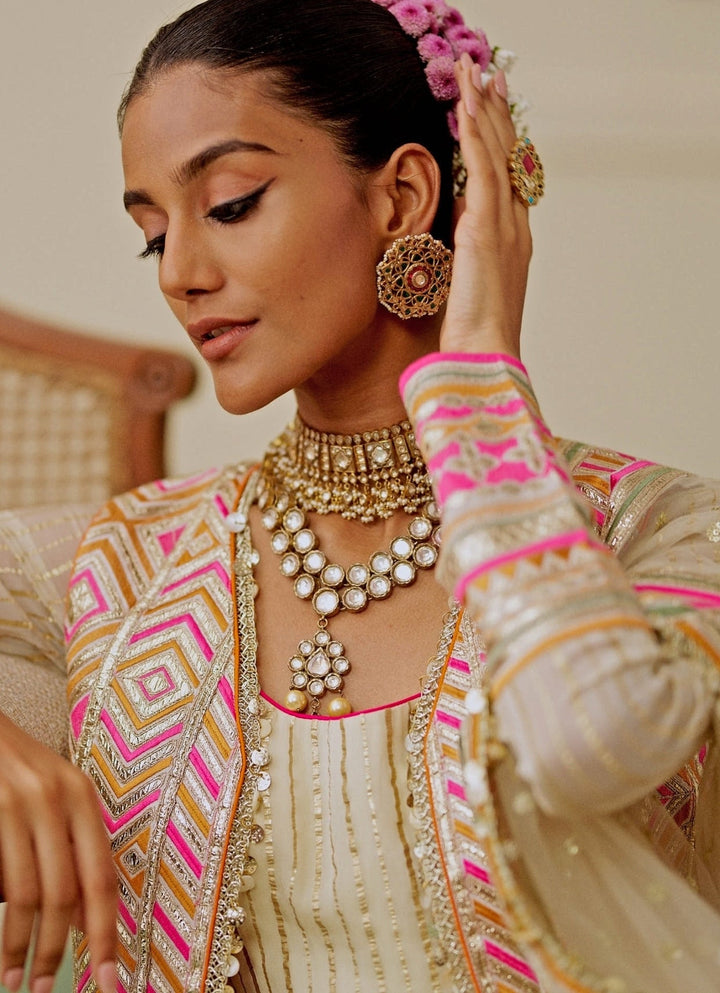 Gopi Vaid Ivory Organza Anarkali Set With JacketFabilicious Fashion