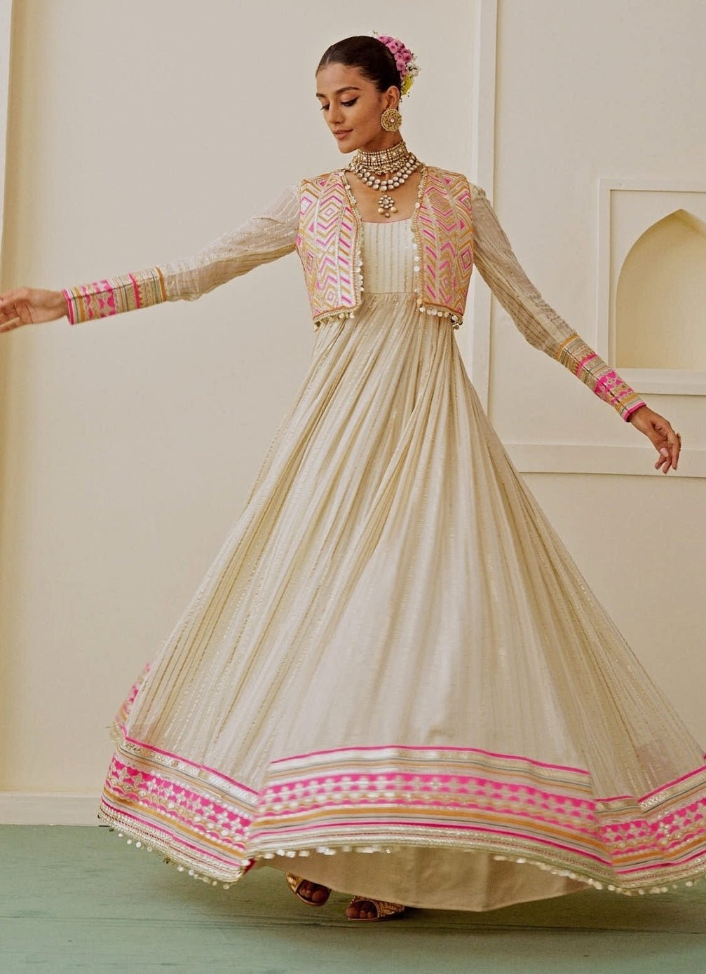 Gopi Vaid Ivory Organza Anarkali Set With JacketFabilicious Fashion